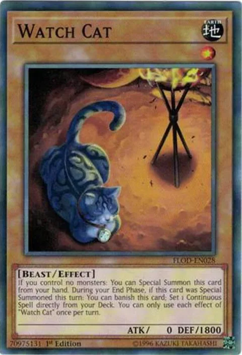 Watch Cat FLOD-EN028 1st Edition Yu-Gi-Oh card from Flames of Destruction