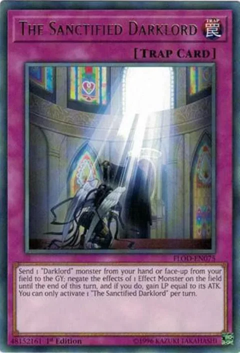The Sanctified Darklord FLOD-EN075 1st Edition Yu-Gi-Oh card from Flames of Destruction