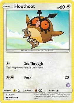 Hoothoot 1 #106/147 Pokémon card from SM Trainer Kit: Alolan Sandslash & Alolan Ninetales