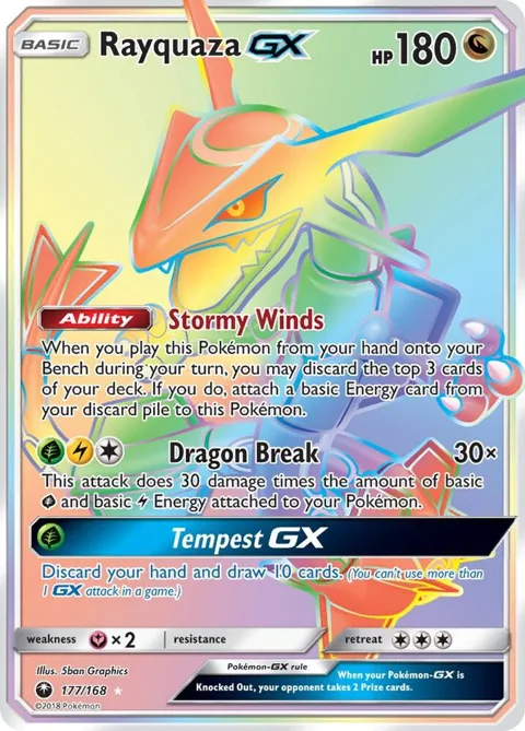 Rayquaza GX Secret Rare #177/168 Holofoil Pokémon card from SM - Celestial Storm