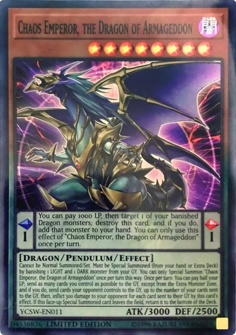 Chaos Emperor, the Dragon of Armageddon Super Rare YCSW-EN011 Yu-Gi-Oh card from Yu-Gi-Oh! Championship Series Prize Cards