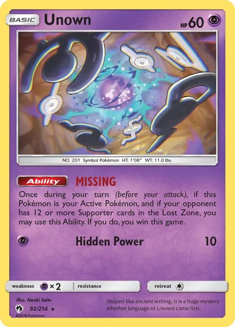 Unown 92 #92/214 Pokémon card from SM - Lost Thunder