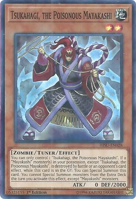 Tsukahagi, the Poisonous Mayakashi HISU-EN028 Yu-Gi-Oh card from Hidden Summoners
