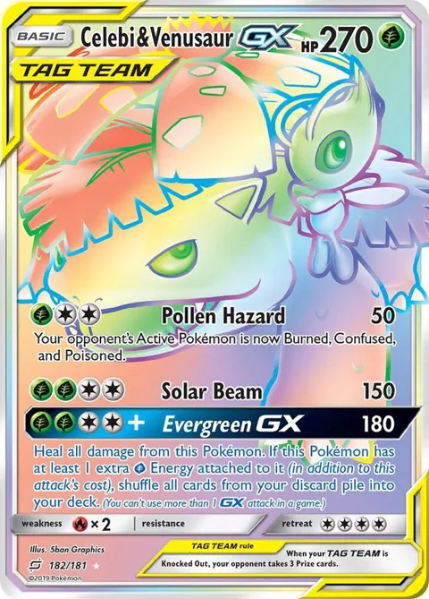 Celebi & Venusaur GX Secret Rare #182/181 Holofoil Pokémon card from SM - Team Up