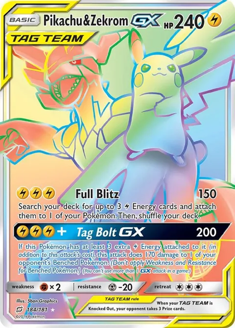 Pikachu & Zekrom GX Secret Rare #184/181 Holofoil Pokémon card from SM - Team Up