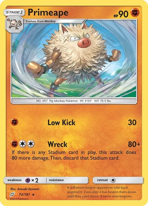 Primeape #72/181 Reverse Holofoil Pokémon card from SM - Team Up