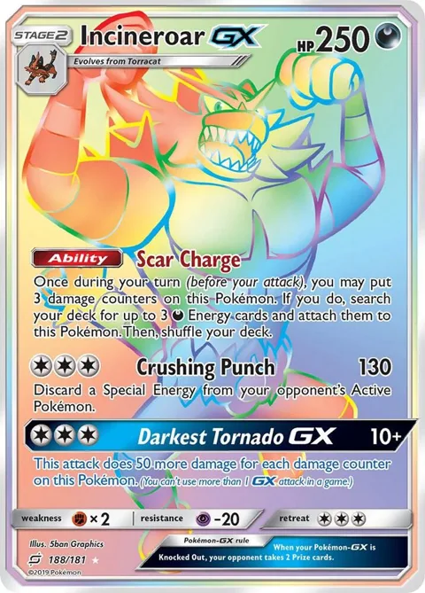 Incineroar GX Secret Rare #188/181 Holofoil Pokémon card from SM - Team Up