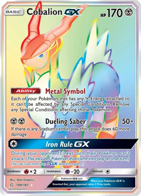 Cobalion GX Secret Rare #189/181 Holofoil Pokémon card from SM - Team Up