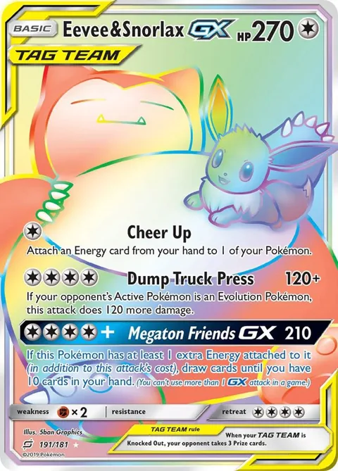 Eevee & Snorlax GX Secret Rare #191/181 Holofoil Pokémon card from SM - Team Up