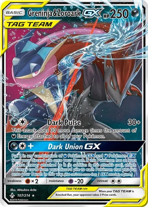 Greninja & Zoroark GX #107/214 Holofoil Pokémon card from SM - Unbroken Bonds