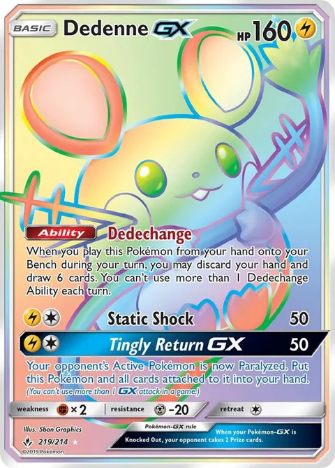 Dedenne GX Secret Rare #219/214 Holofoil Pokémon card from SM - Unbroken Bonds
