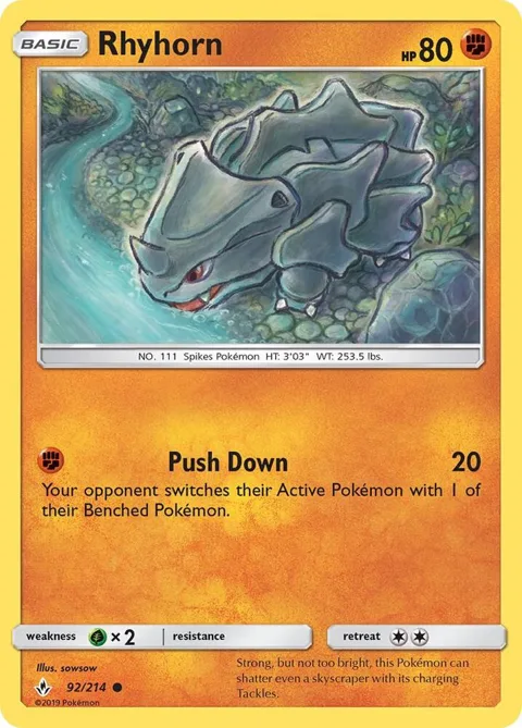 Rhyhorn 92 #92/214 Reverse Holofoil Pokémon card from SM - Unbroken Bonds