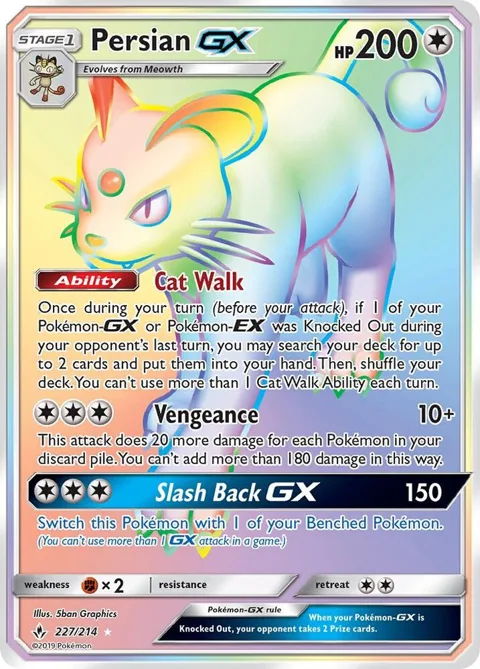 Persian GX Secret Rare #227/214 Holofoil Pokémon card from SM - Unbroken Bonds