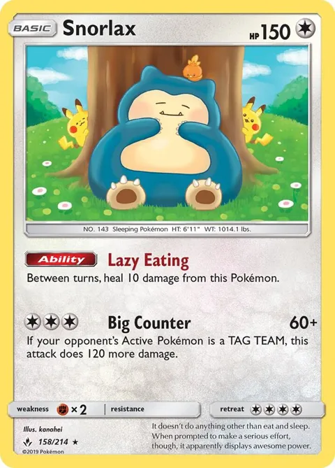 Snorlax #158/214 Reverse Holofoil Pokémon card from SM - Unbroken Bonds