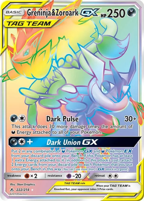 Greninja & Zoroark GX Secret Rare #222/214 Holofoil Pokémon card from SM - Unbroken Bonds