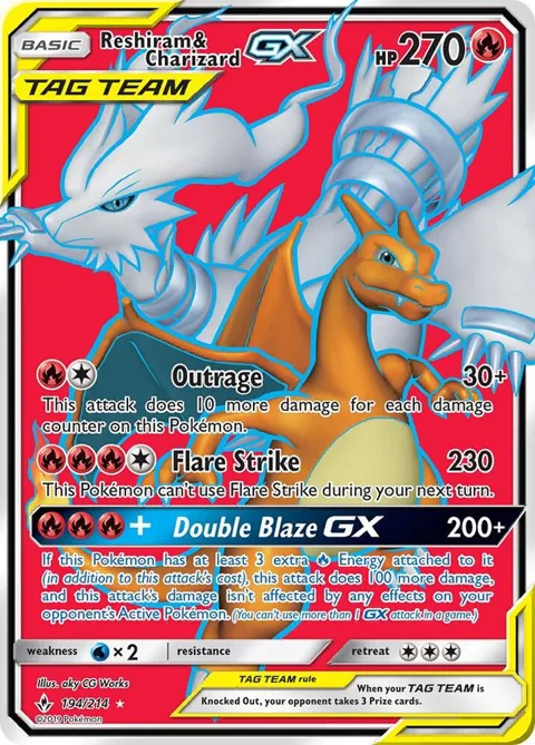 Reshiram & Charizard GX Full Art #194/214 Holofoil Pokémon card from SM - Unbroken Bonds
