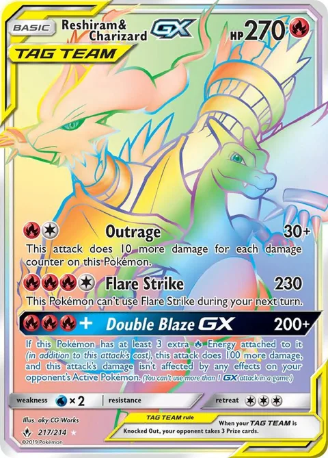 Reshiram & Charizard GX Secret Rare #217/214 Holofoil Pokémon card from SM - Unbroken Bonds