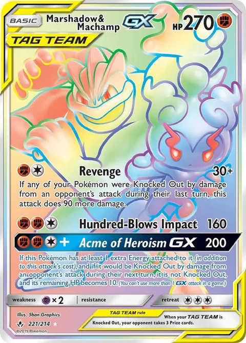 Marshadow & Machamp GX Secret Rare #221/214 Holofoil Pokémon card from SM - Unbroken Bonds