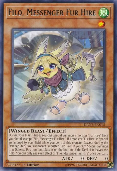 Filo, Messenger Fur Hire DANE-EN015 1st Edition Yu-Gi-Oh card from Dark Neostorm