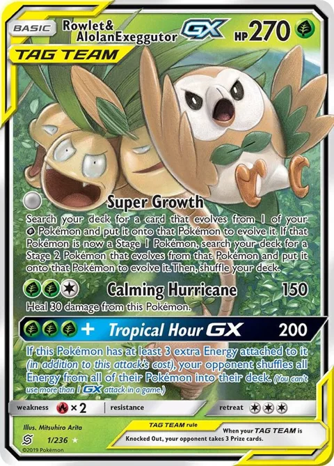 Rowlet & Alolan Exeggutor GX #1/236 Holofoil Pokémon card from SM - Unified Minds