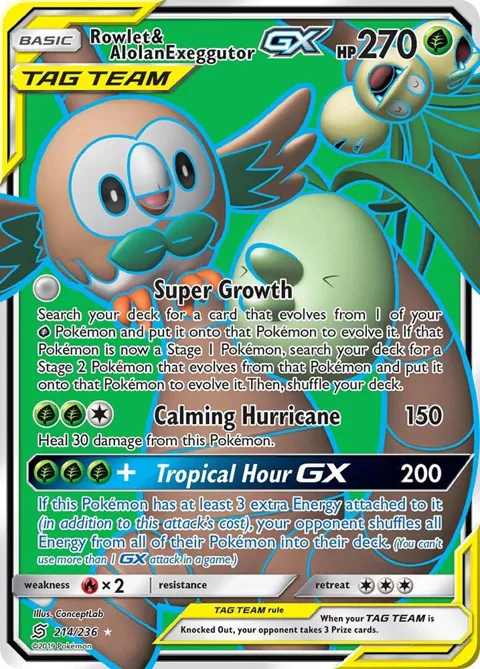 Rowlet & Alolan Exeggutor GX Full Art #214/236 Holofoil Pokémon card from SM - Unified Minds