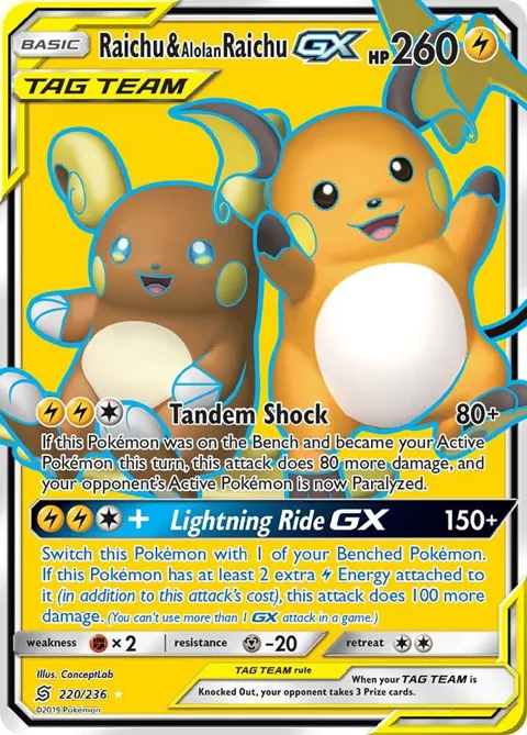Raichu & Alolan Raichu GX Full Art #220/236 Holofoil Pokémon card from SM - Unified Minds