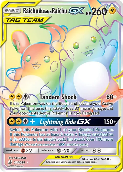 Raichu & Alolan Raichu GX Secret Rare #241/236 Holofoil Pokémon card from SM - Unified Minds