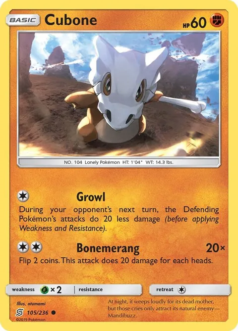 Cubone #105/236 Reverse Holofoil Pokémon card from SM - Unified Minds