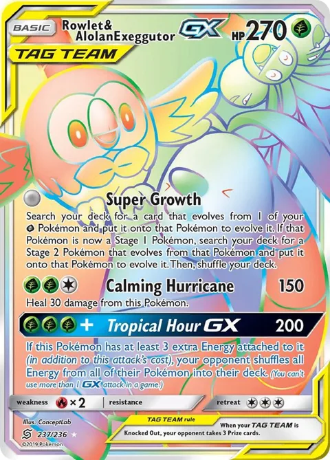 Rowlet & Alolan Exeggutor GX Secret Rare #237/236 Holofoil Pokémon card from SM - Unified Minds