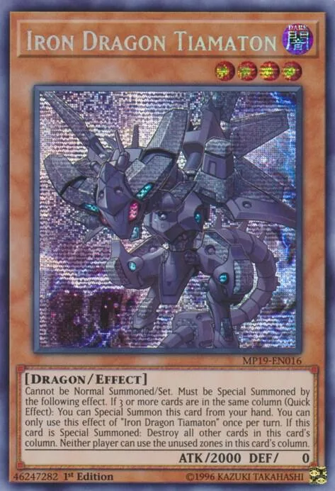 Iron Dragon Tiamaton MP19-EN016 Yu-Gi-Oh card from 2019 Gold Sarcophagus Tin Mega Pack