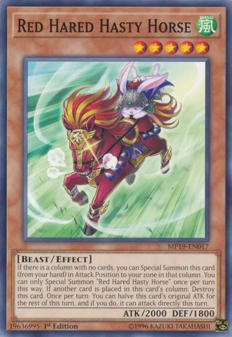 Red Hared Hasty Horse MP19-EN017 Yu-Gi-Oh card from 2019 Gold Sarcophagus Tin Mega Pack