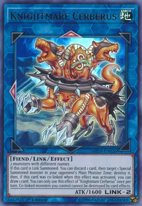 Knightmare Cerberus MP19-EN026 Yu-Gi-Oh card from 2019 Gold Sarcophagus Tin Mega Pack