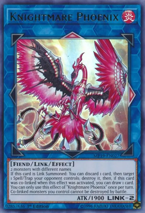Knightmare Phoenix MP19-EN027 Yu-Gi-Oh card from 2019 Gold Sarcophagus Tin Mega Pack