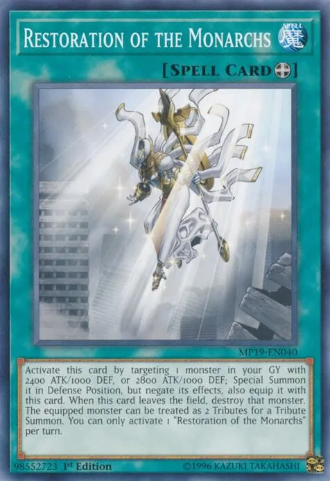 Restoration of the Monarchs MP19-EN040 Yu-Gi-Oh card from 2019 Gold Sarcophagus Tin Mega Pack
