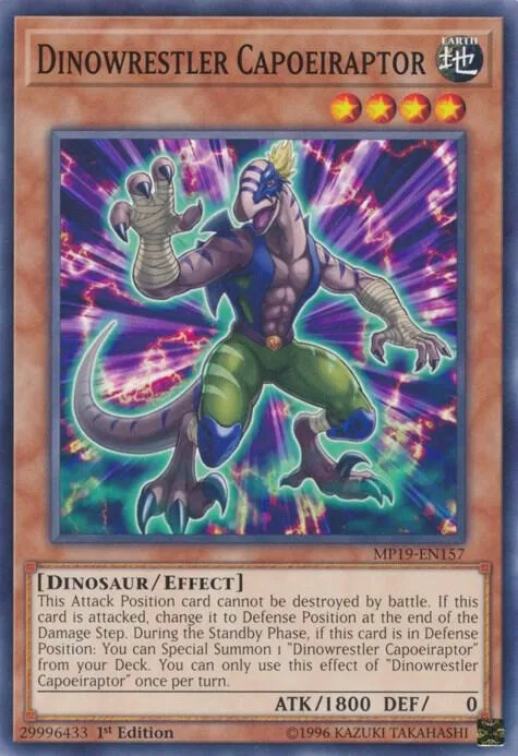 Dinowrestler Capoeiraptor MP19-EN157 Yu-Gi-Oh card from 2019 Gold Sarcophagus Tin Mega Pack