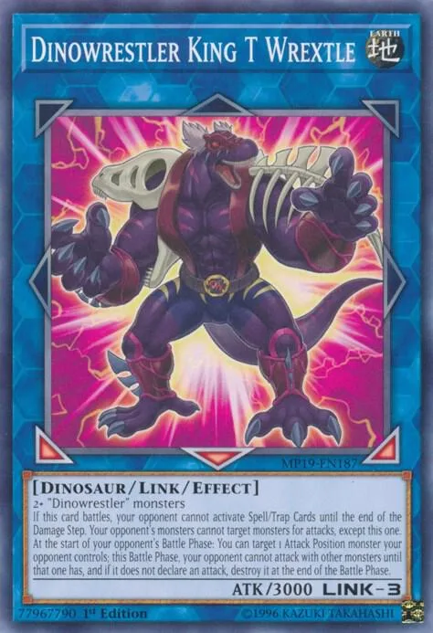 Dinowrestler King T Wrextle MP19-EN187 Yu-Gi-Oh card from 2019 Gold Sarcophagus Tin Mega Pack