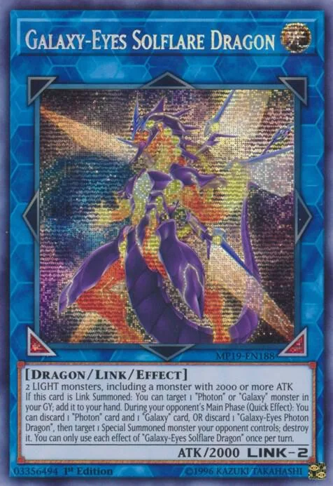 Galaxy-Eyes Solflare Dragon MP19-EN188 Unlimited Yu-Gi-Oh card from 2019 Gold Sarcophagus Tin Mega Pack
