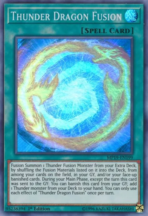 Thunder Dragon Fusion MP19-EN199 1st Edition Yu-Gi-Oh card from 2019 Gold Sarcophagus Tin Mega Pack