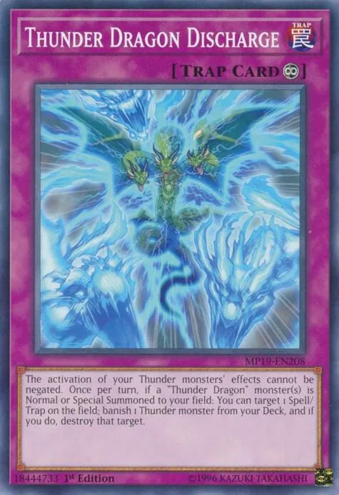 Thunder Dragon Discharge MP19-EN208 Yu-Gi-Oh card from 2019 Gold Sarcophagus Tin Mega Pack