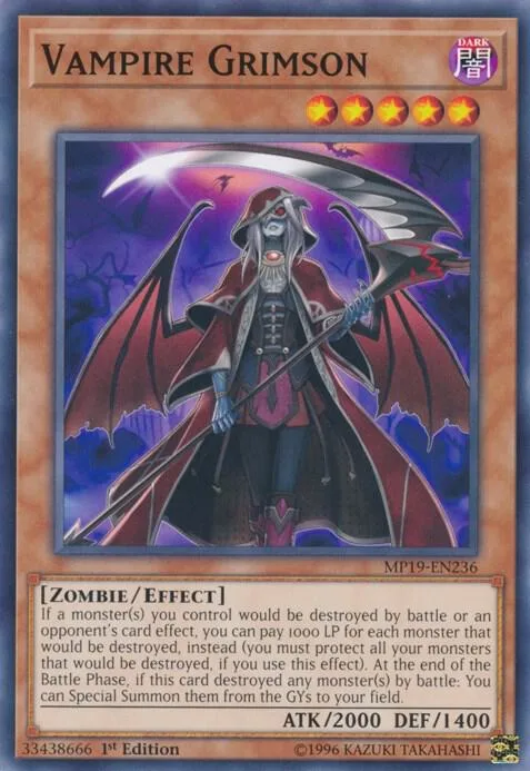Vampire Grimson MP19-EN236 Yu-Gi-Oh card from 2019 Gold Sarcophagus Tin Mega Pack