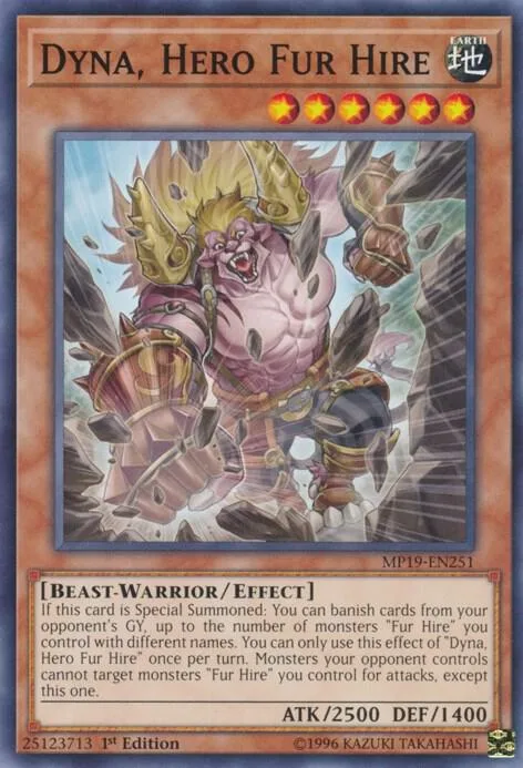 Dyna, Hero Fur Hire MP19-EN251 Yu-Gi-Oh card from 2019 Gold Sarcophagus Tin Mega Pack