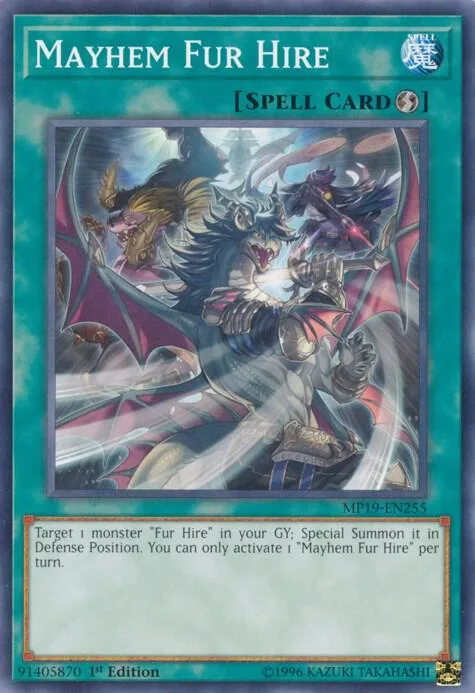 Mayhem Fur Hire MP19-EN255 Yu-Gi-Oh card from 2019 Gold Sarcophagus Tin Mega Pack