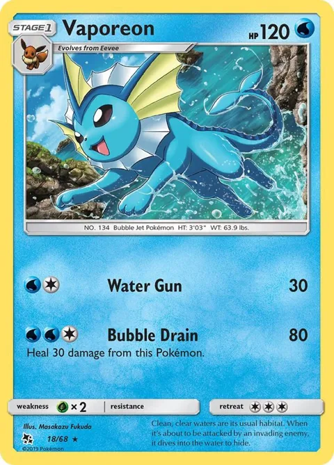 Vaporeon #18/68 Holofoil Pokémon card from Hidden Fates