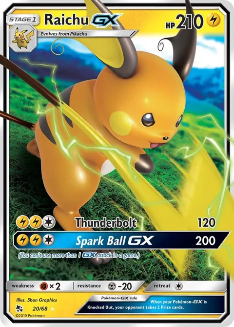 Raichu GX #20/68 Holofoil Pokémon card from Hidden Fates