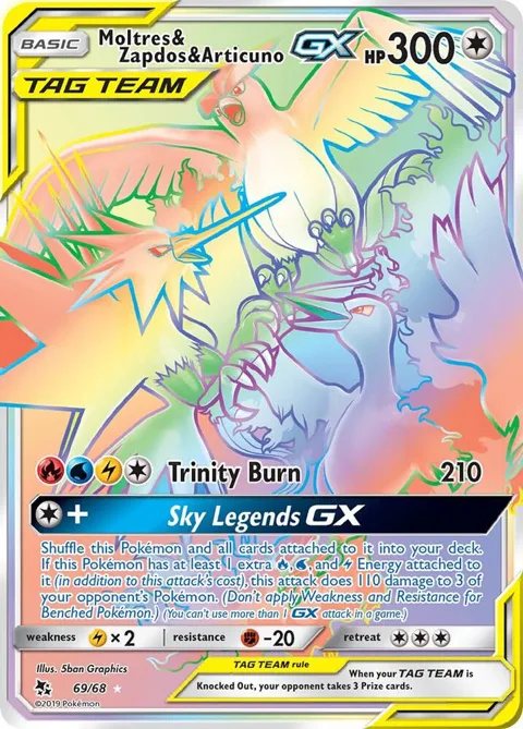 Moltres & Zapdos & Articuno GX Secret Rare #69/68 Holofoil Pokémon card from Hidden Fates