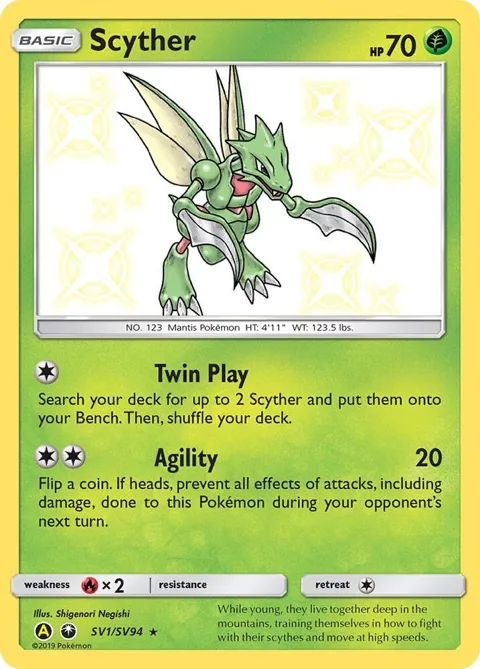 Scyther #SV1/SV94 Holofoil Pokémon card from Hidden Fates: Shiny Vault