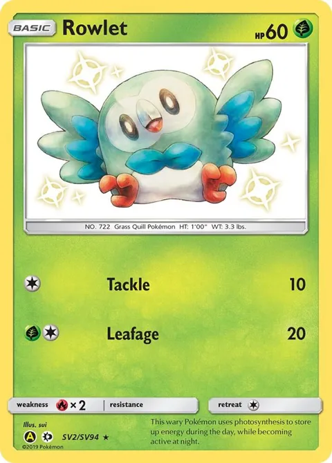 Rowlet #SV2/SV94 Holofoil Pokémon card from Hidden Fates: Shiny Vault