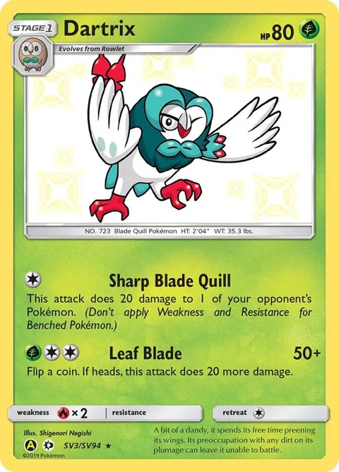 Dartrix #SV3/SV94 Holofoil Pokémon card from Hidden Fates: Shiny Vault