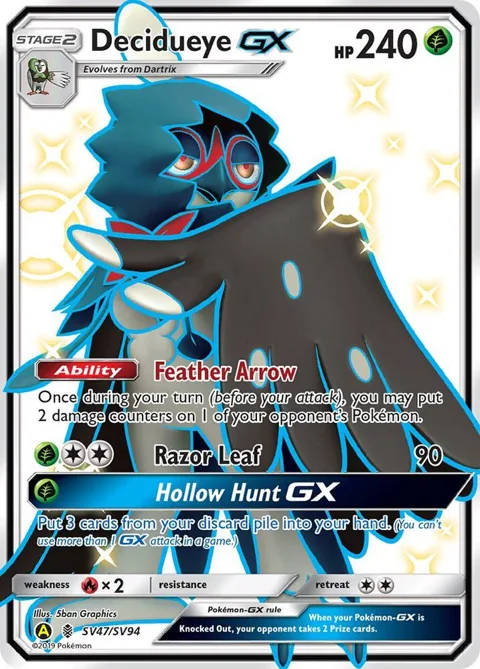 Decidueye GX #SV47/SV94 Holofoil Pokémon card from Hidden Fates: Shiny Vault
