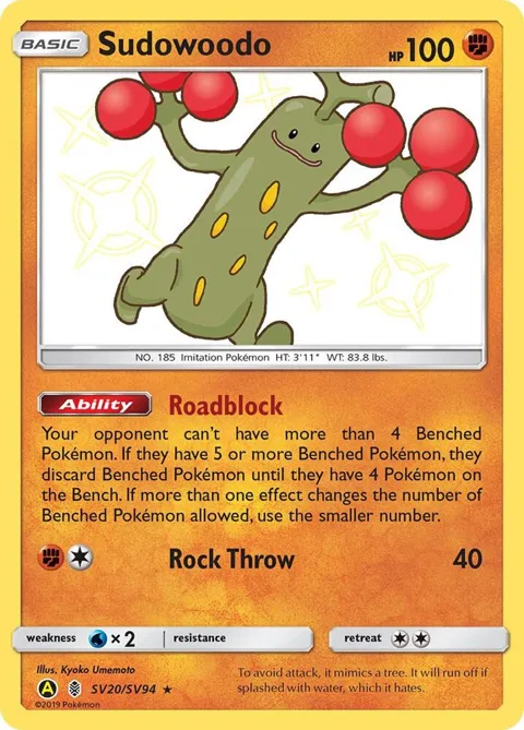 Sudowoodo #SV20/SV94 Holofoil Pokémon card from Hidden Fates: Shiny Vault